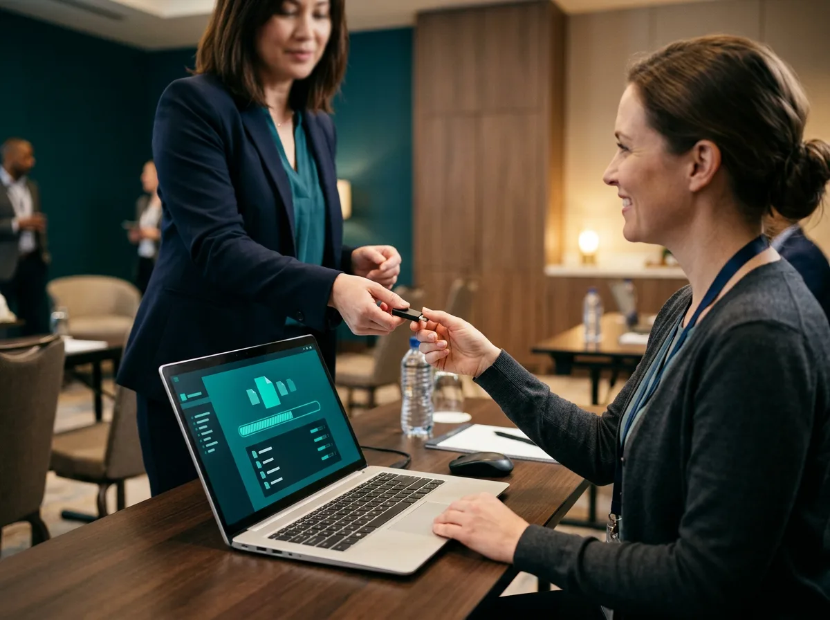 A presenter hands a USB drive to an operator in a speaker ready room